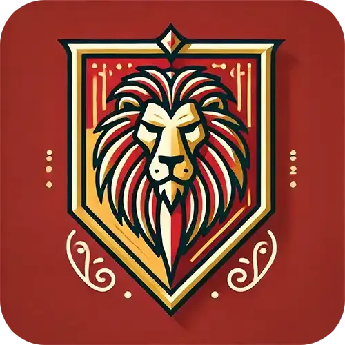 Gryffindor house crest featuring a golden lion on a scarlet background with a sword and hat emblem