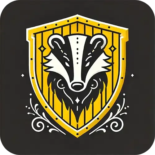 Hufflepuff house crest featuring a black badger on a yellow background with a cup emblem