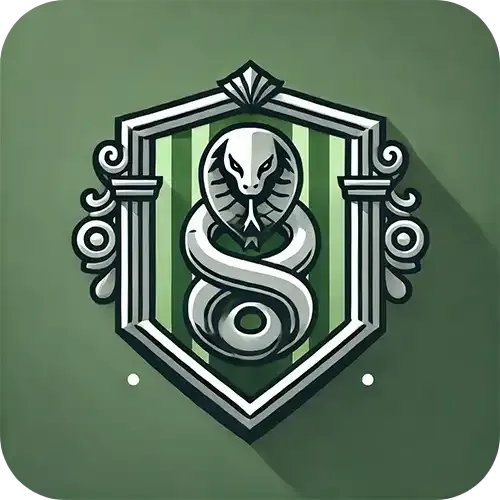 Slytherin house crest with a silver serpent on a green background and a locket emblem